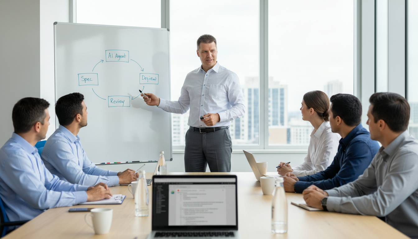 René Hoyer im AI-Readiness-Workshop mit einem Führungsteam am Whiteboard